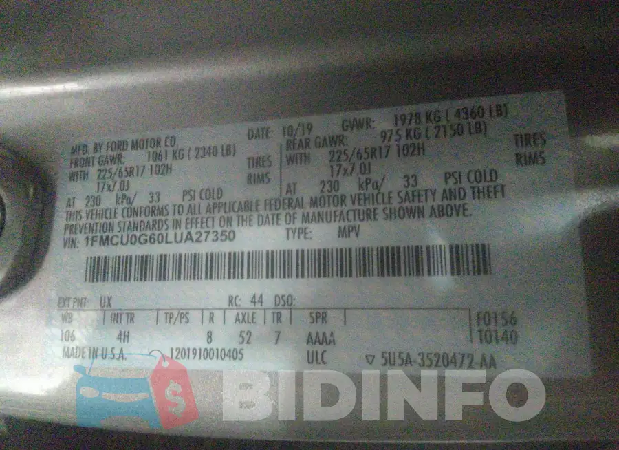 1FMCU0G60LUA27350 Photo# 9