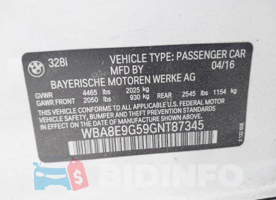 WBA8E9G59GNT87345 Photo# 9