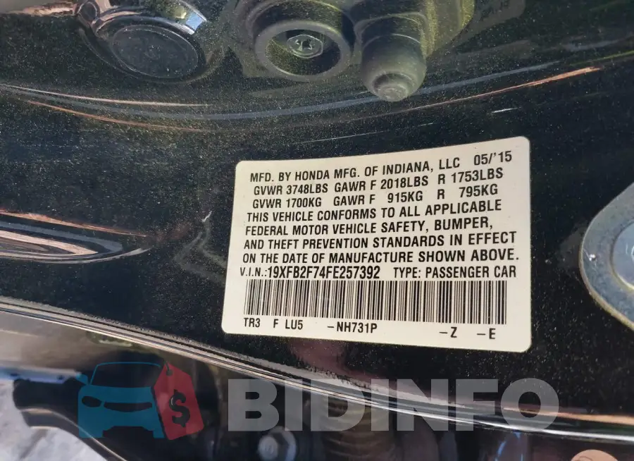 19XFB2F74FE257392 Photo# 9