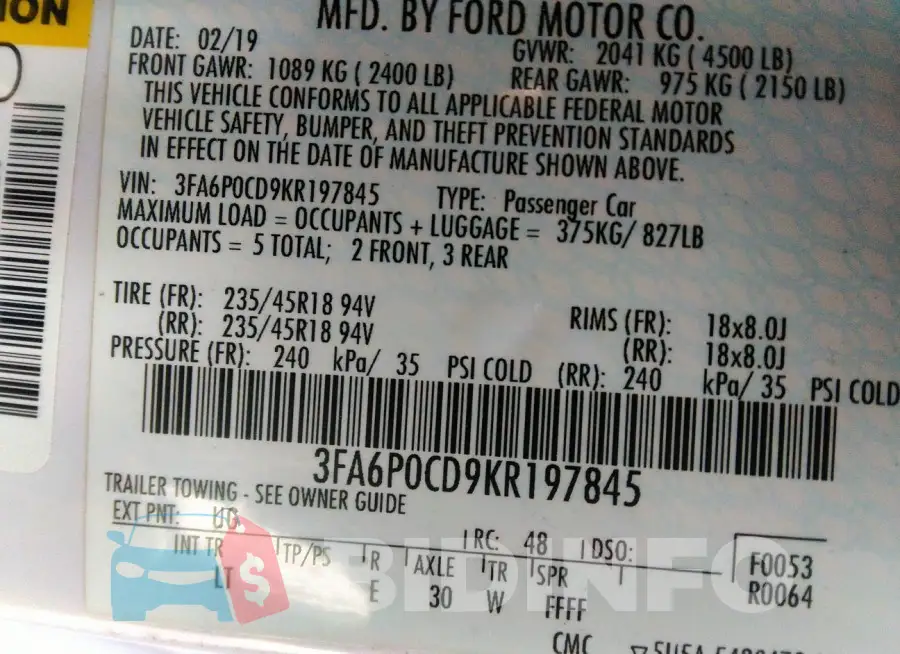 3FA6P0CD9KR197845 Photo# 9