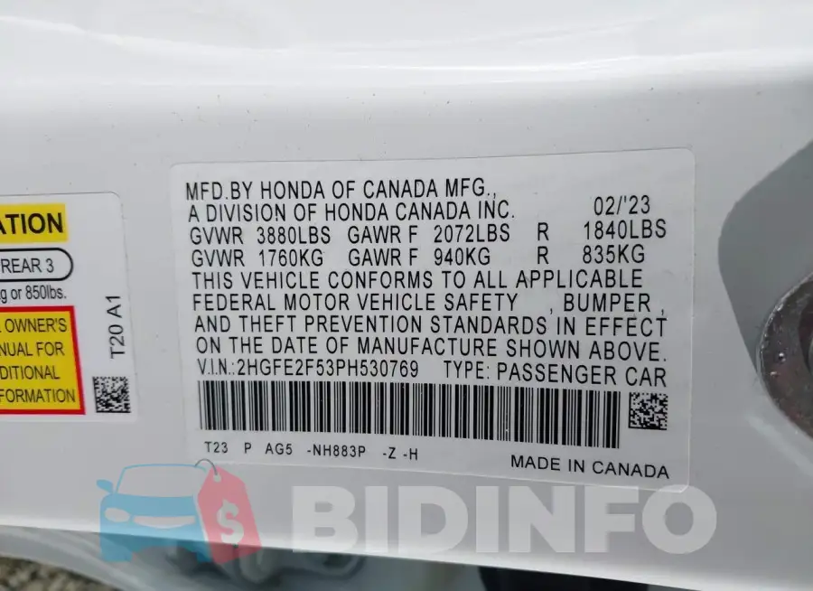 2HGFE2F53PH530769 Photo# 9