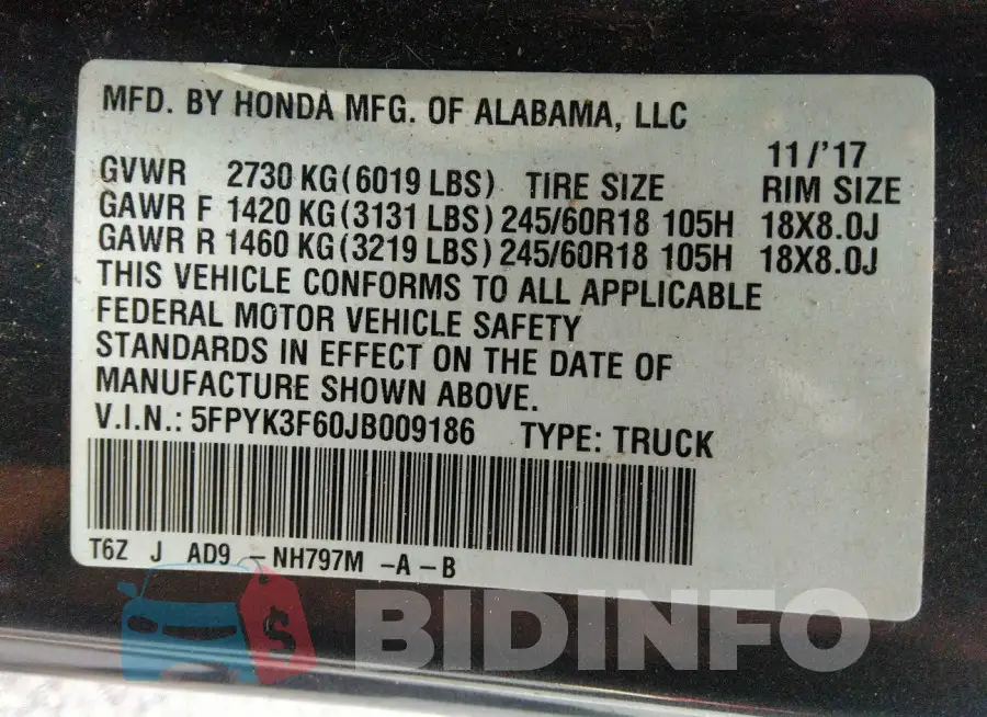 5FPYK3F60JB009186 Photo# 9