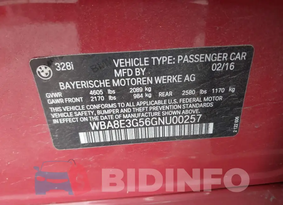 WBA8E3G56GNU00257 Photo# 9
