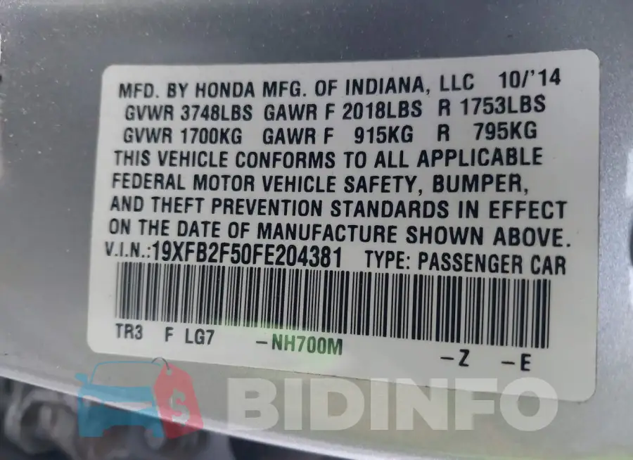 19XFB2F50FE204381 Photo# 9