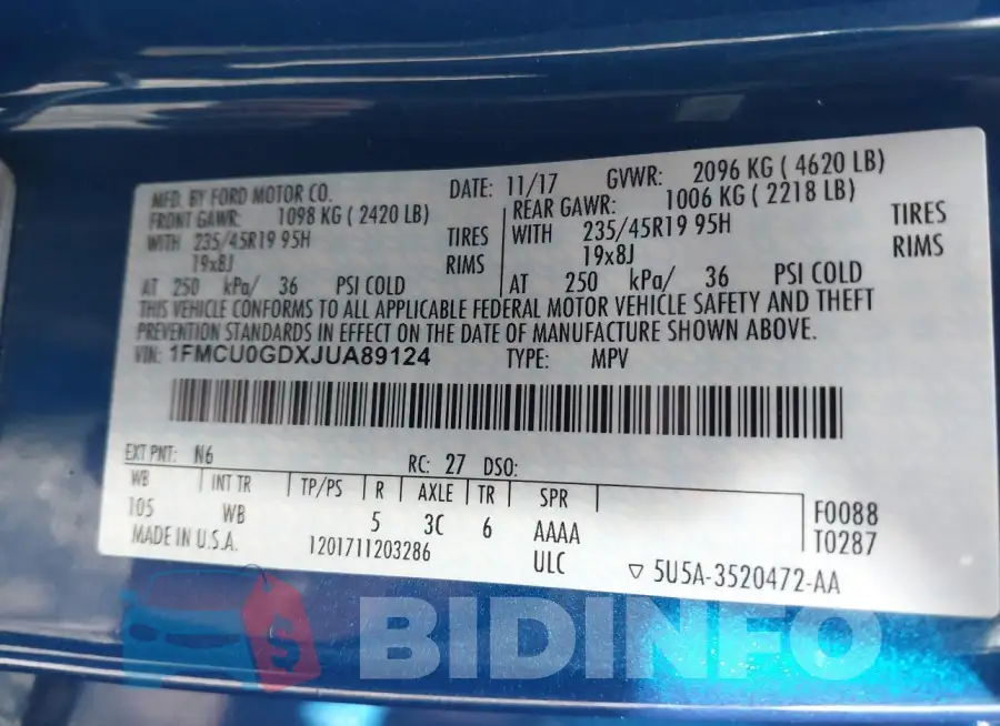 1FMCU0GDXJUA89124 Photo# 9