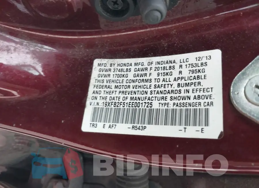 19XFB2F51EE001725 Photo# 9