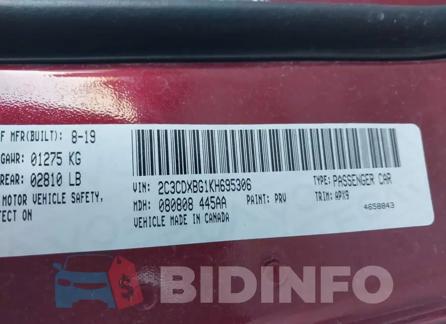 2C3CDXBG1KH695306 Photo# 9