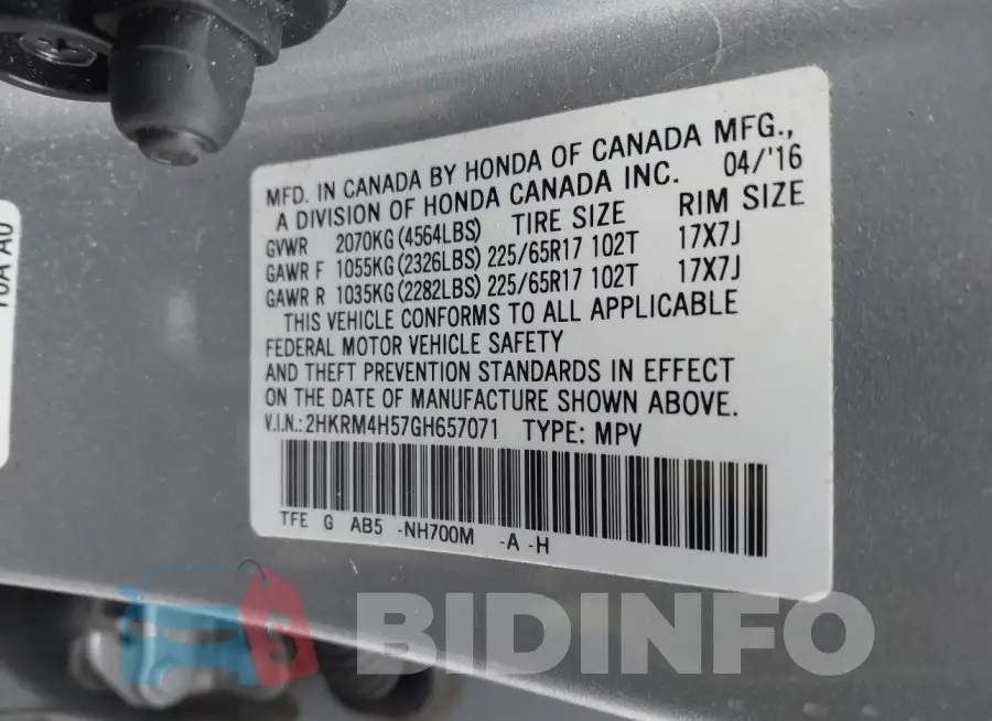 2HKRM4H57GH657071 Photo# 9