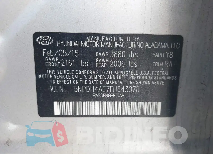 5NPDH4AE7FH643078 Photo# 9
