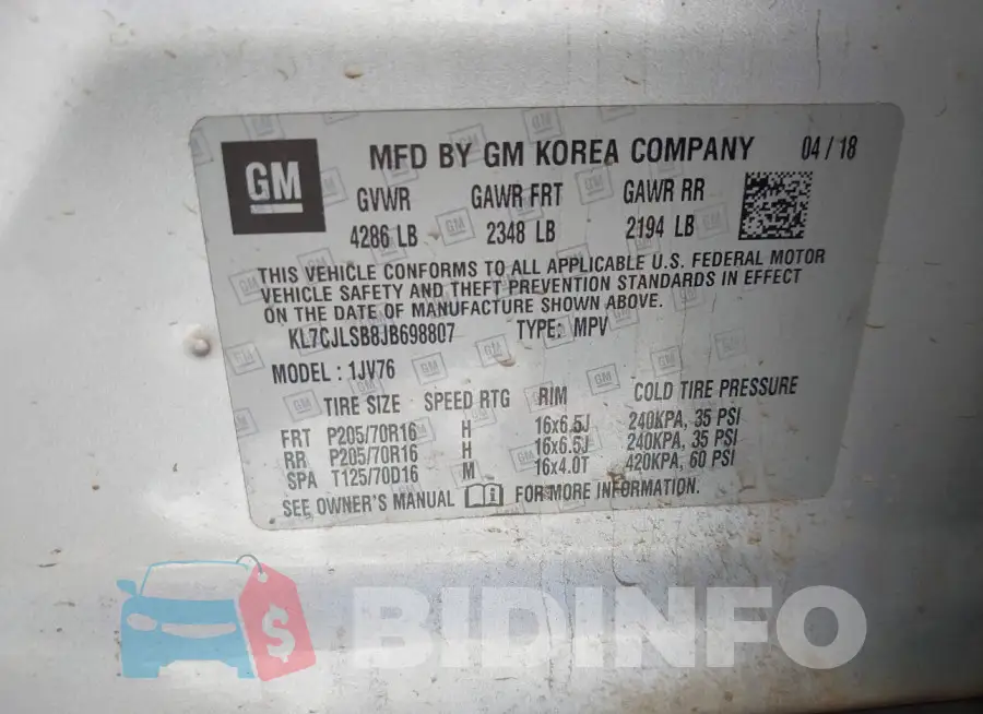 KL7CJLSB8JB698807 Photo# 9