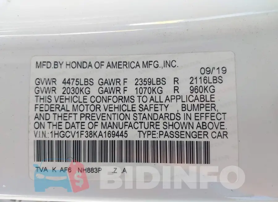 1HGCV1F38KA169445 Photo# 9