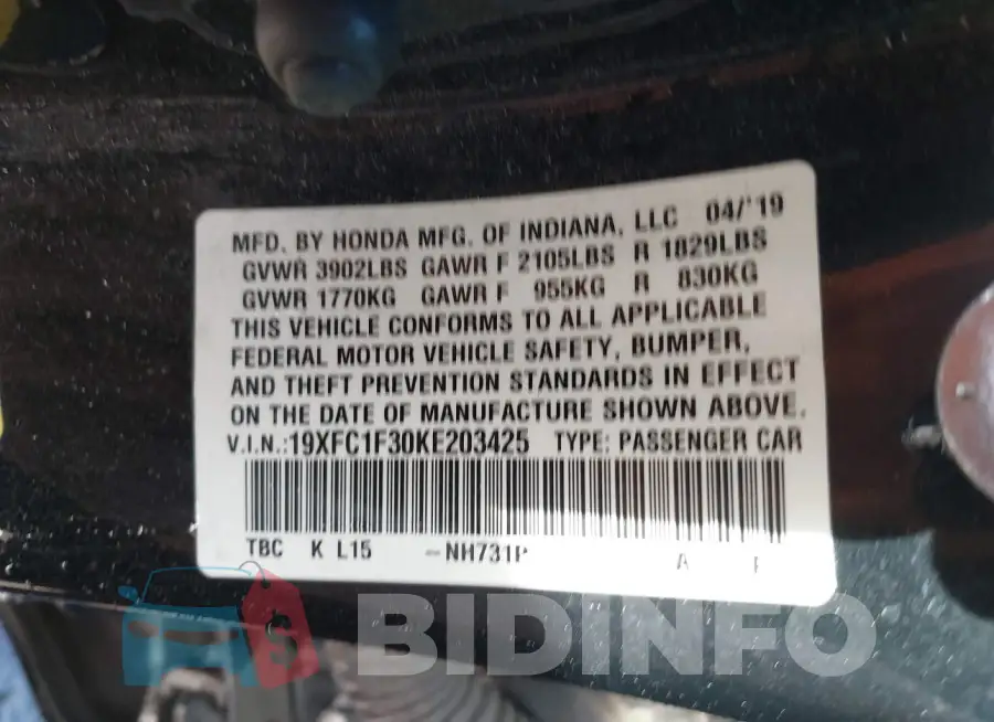 19XFC1F30KE203425 Photo# 9