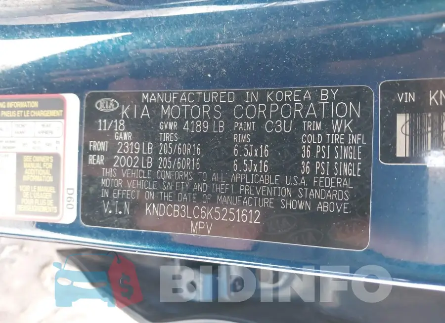 KNDCB3LC6K5251612 Photo# 9