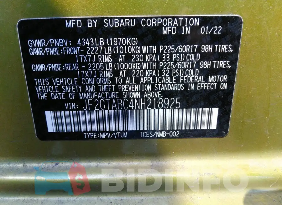 JF2GTABC4NH218925 Photo# 9