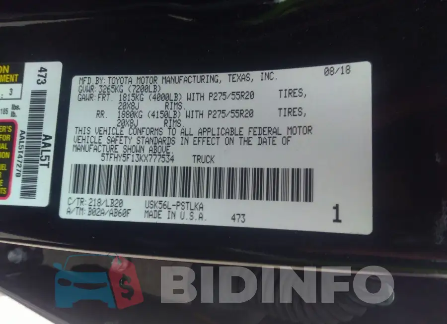 5TFHY5F13KX777534 Photo# 9