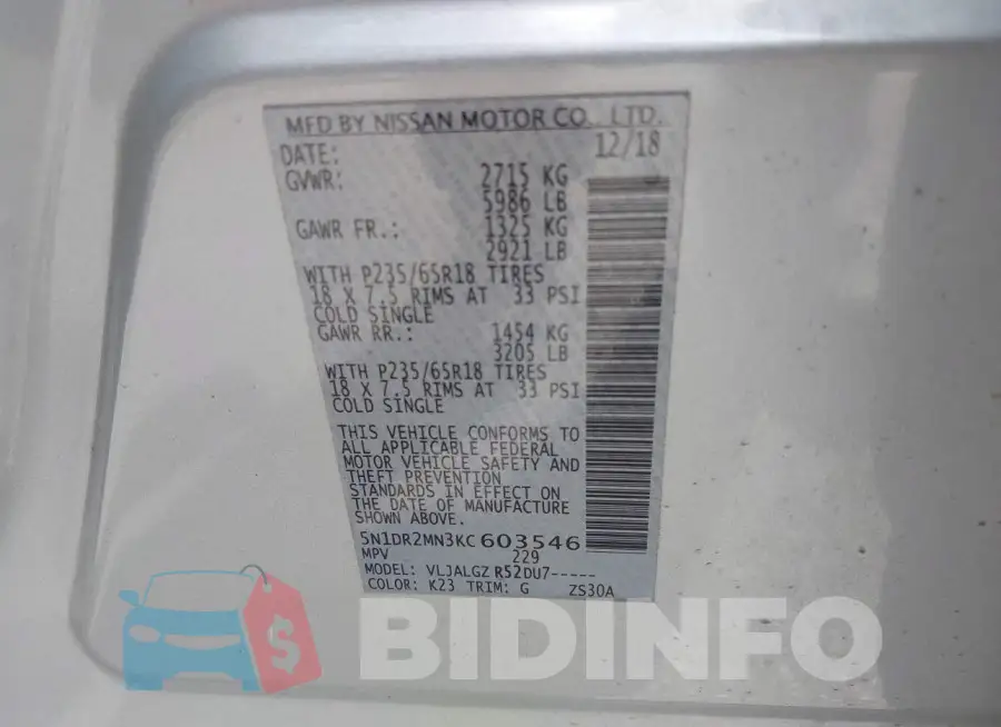 5N1DR2MN3KC603546 Photo# 9