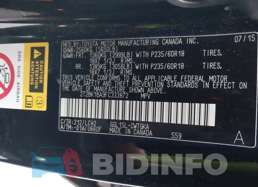 2T2BK1BA9FC333872 Photo# 9