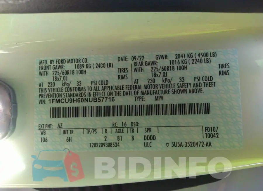 1FMCU9H60NUB57716 Photo# 9