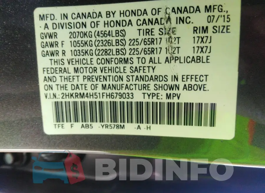 2HKRM4H51FH679033 Photo# 9