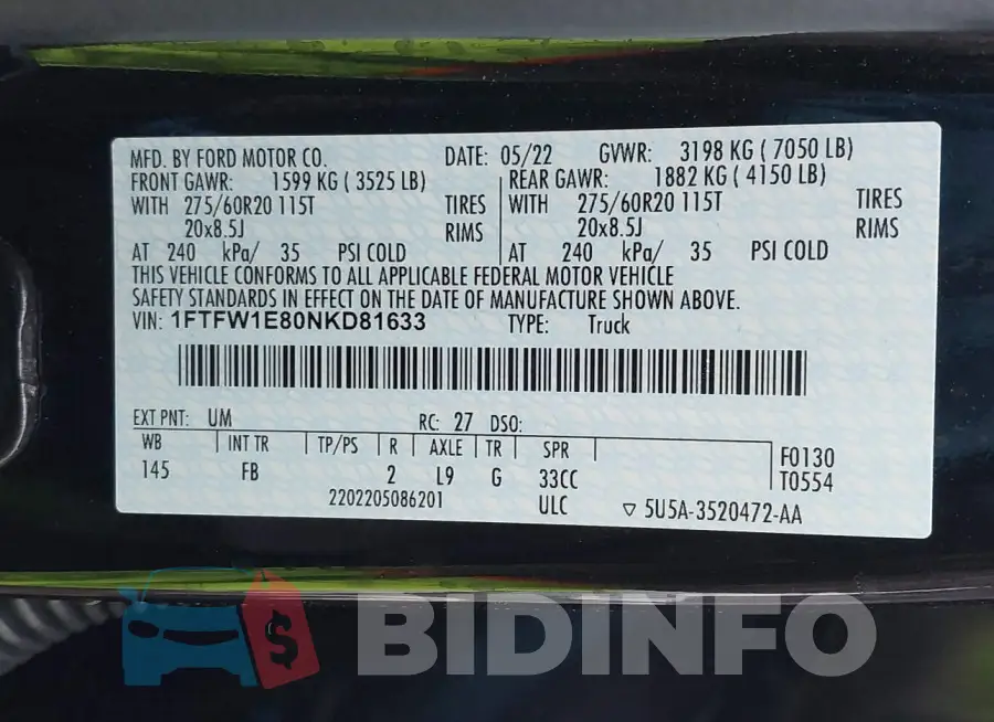 1FTFW1E80NKD81633 Photo# 9