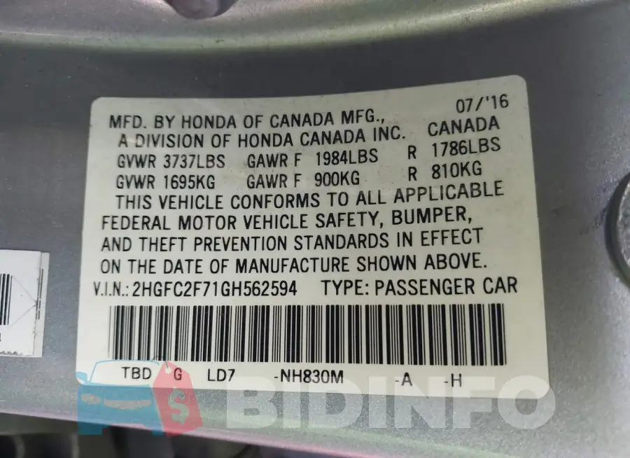 2HGFC2F71GH562594 Photo# 9