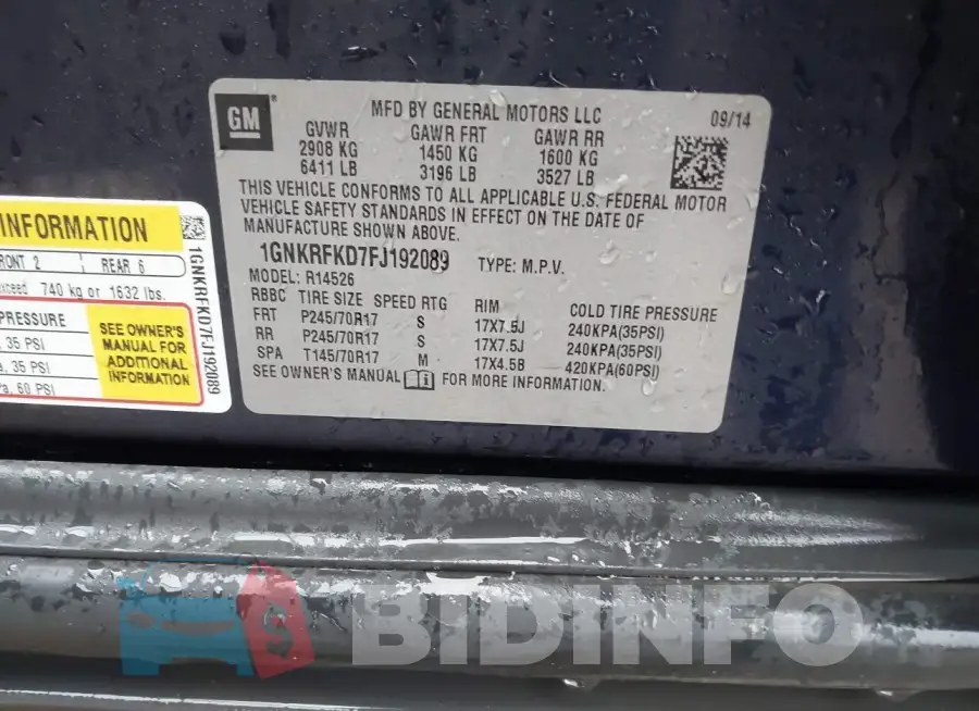1GNKRFKD7FJ192089 Photo# 9