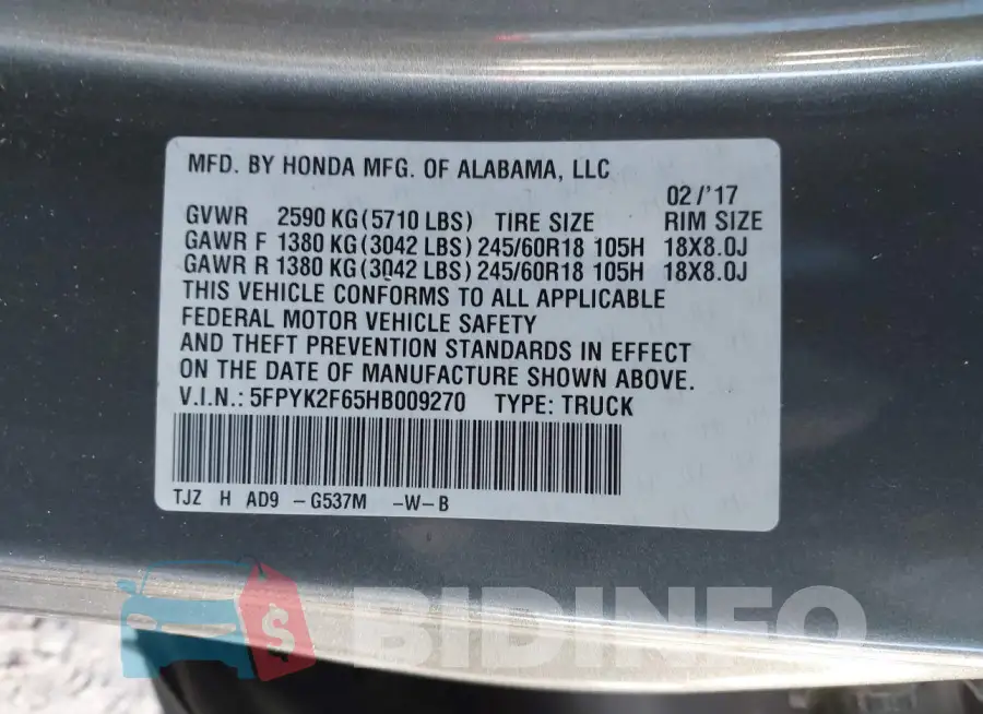 5FPYK2F65HB009270 Photo# 9