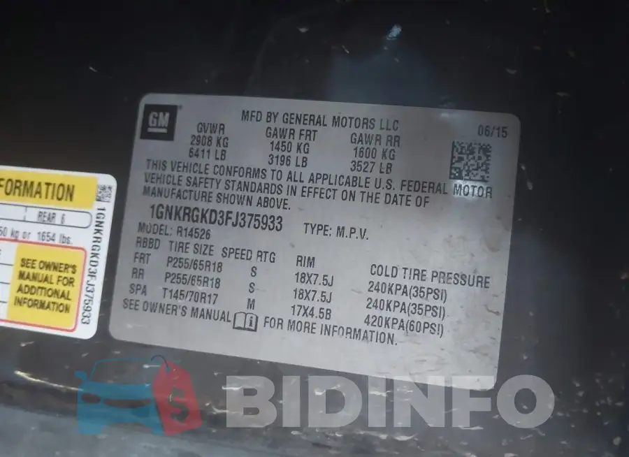 1GNKRGKD3FJ375933 Photo# 9