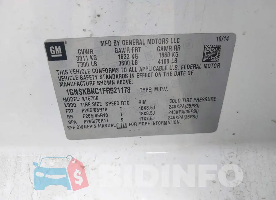 1GNSKBKC1FR521178 Photo# 9