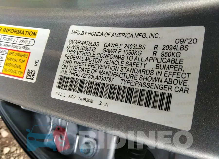 1HGCV2F30LA030787 Photo# 9