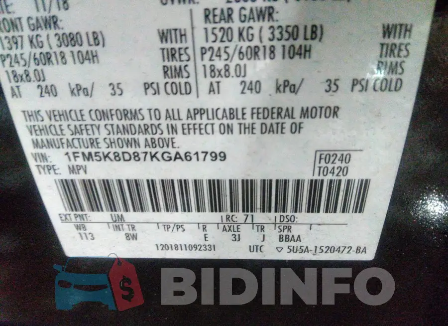 1FM5K8D87KGA61799 Photo# 9