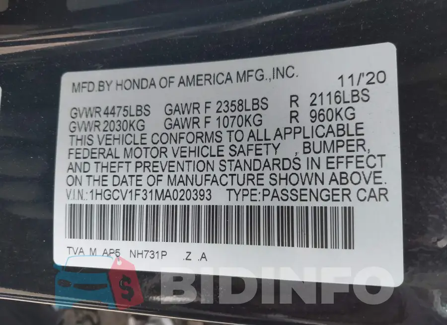 1HGCV1F31MA020393 Photo# 9