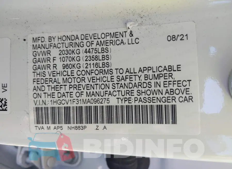 1HGCV1F31MA096275 Photo# 9