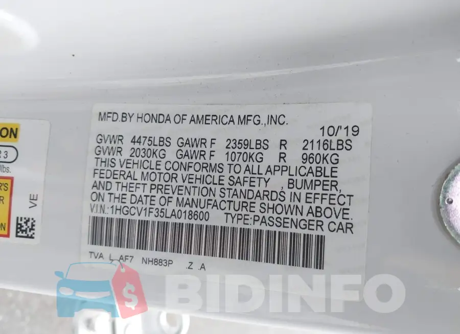 1HGCV1F35LA018600 Photo# 9