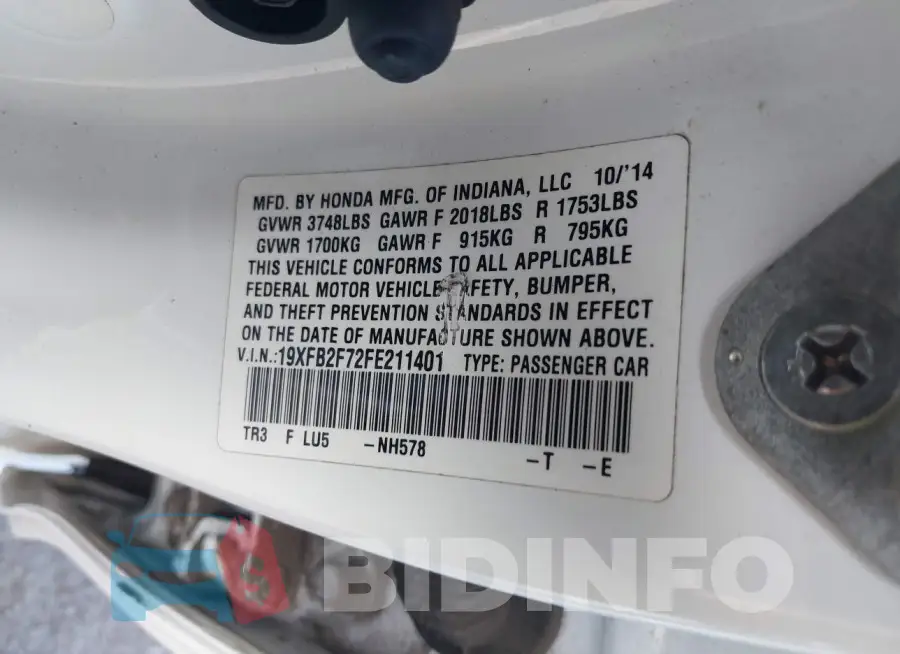 19XFB2F72FE211401 Photo# 9