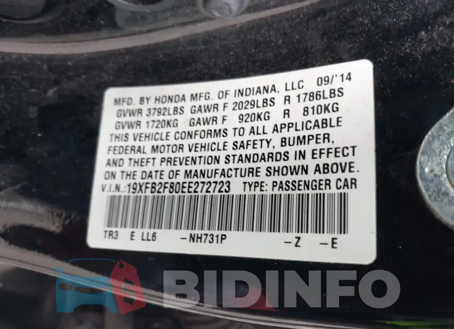 19XFB2F80EE272723 Photo# 9