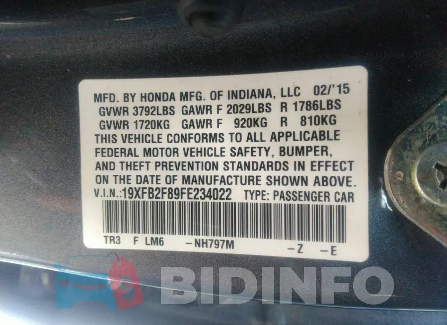 19XFB2F89FE234022 Photo# 9
