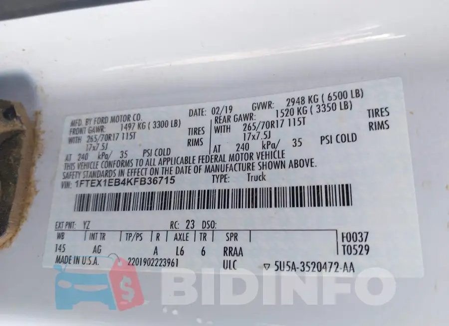1FTEX1EB4KFB36715 Photo# 9
