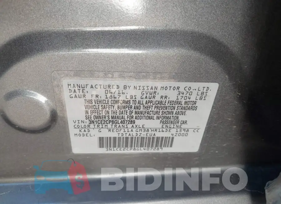 3N1CE2CP8GL407289 Photo# 9
