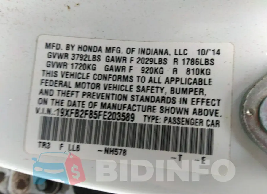 19XFB2F85FE203589 Photo# 9