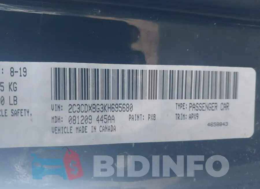 2C3CDXBG3KH695680 Photo# 9