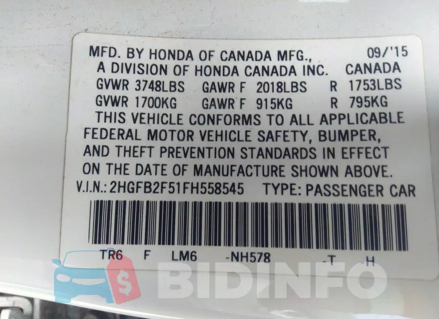 2HGFB2F51FH558545 Photo# 9