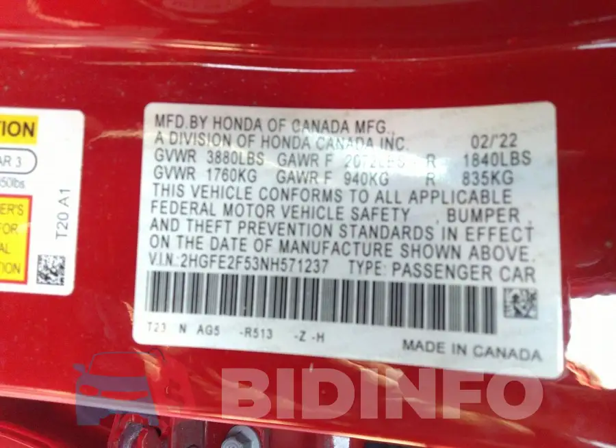 2HGFE2F53NH571237 Photo# 9