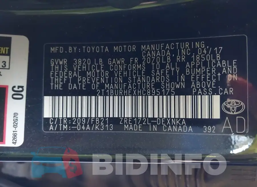 2T1BURHEXHC895175 Photo# 9