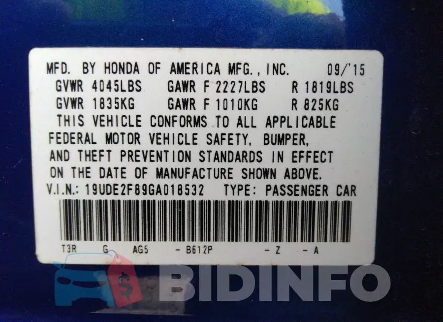 19UDE2F89GA018532 Photo# 9