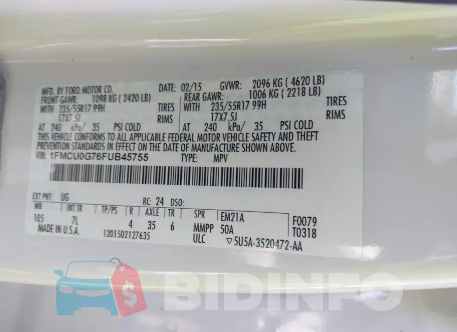 1FMCU0G76FUB45755 Photo# 9
