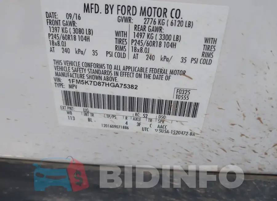 1FM5K7D87HGA75382 Photo# 9
