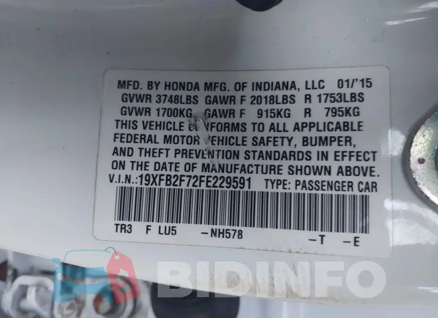 19XFB2F72FE229591 Photo# 9