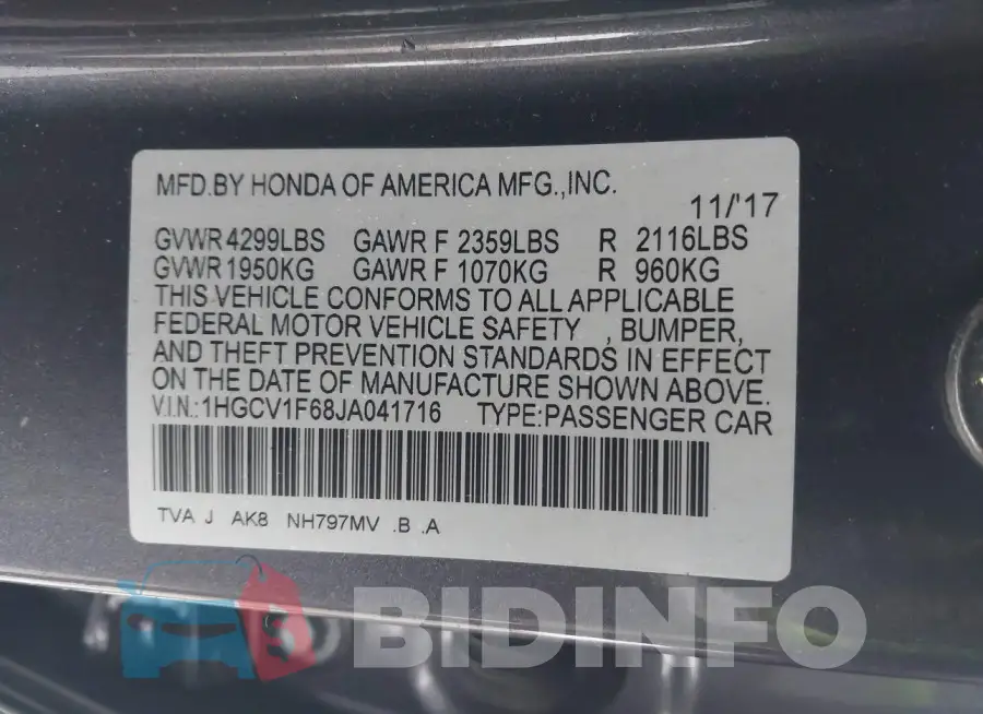1HGCV1F68JA041716 Photo# 9