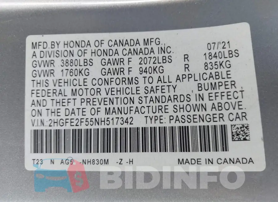 2HGFE2F55NH517342 Photo# 9